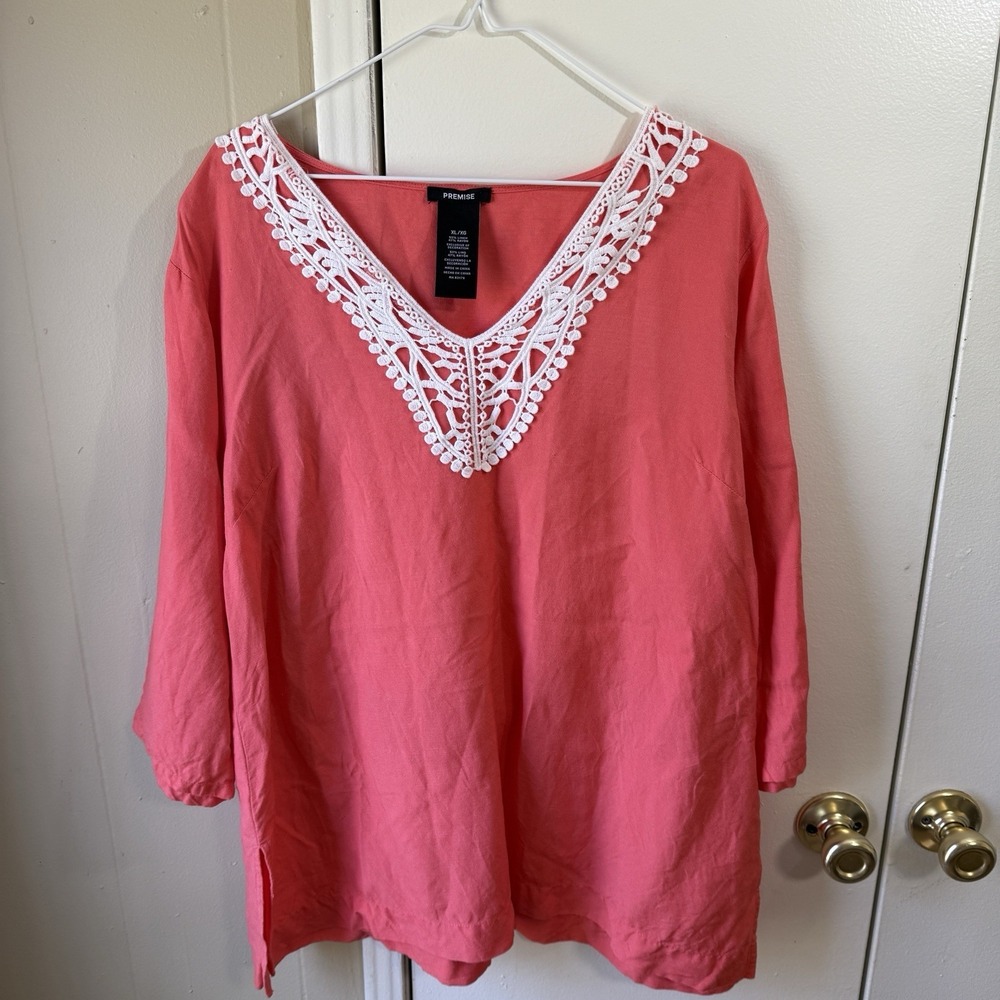 Womens Lagenlook Linen Blend Tunic Top XL Coral Embroidered Cottage Boho Baggy - Picture 2 of 11